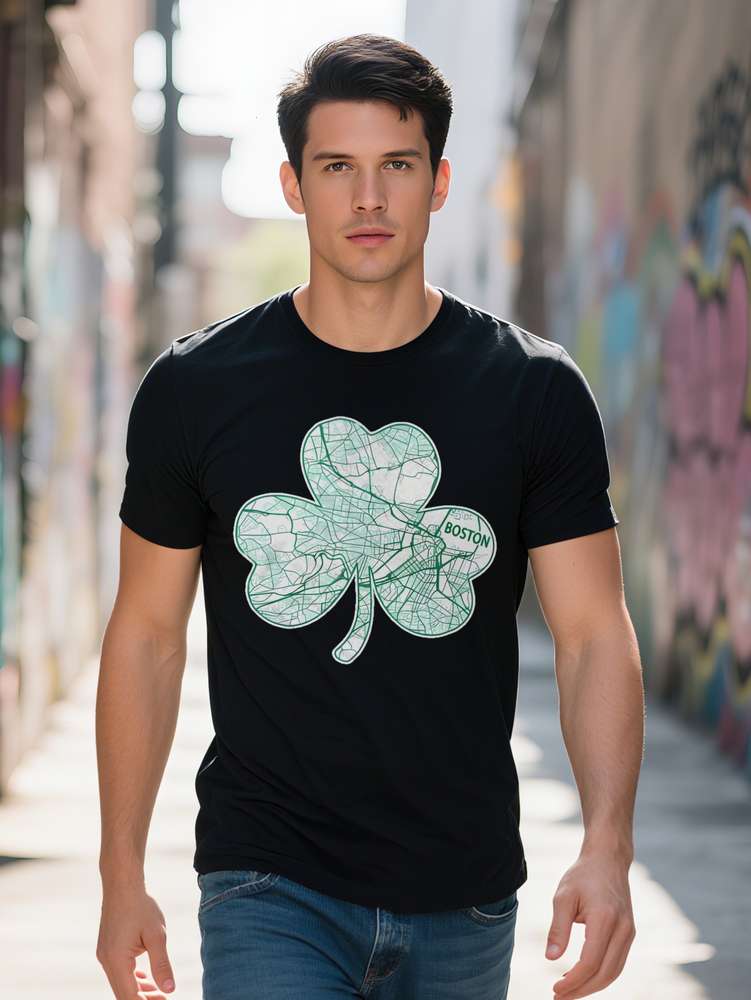 Casual Crew Neck T-Shirt with Boston Themed D Print Shamrock Design Black Summer Perfect for Men Men's Gift Bold 19629