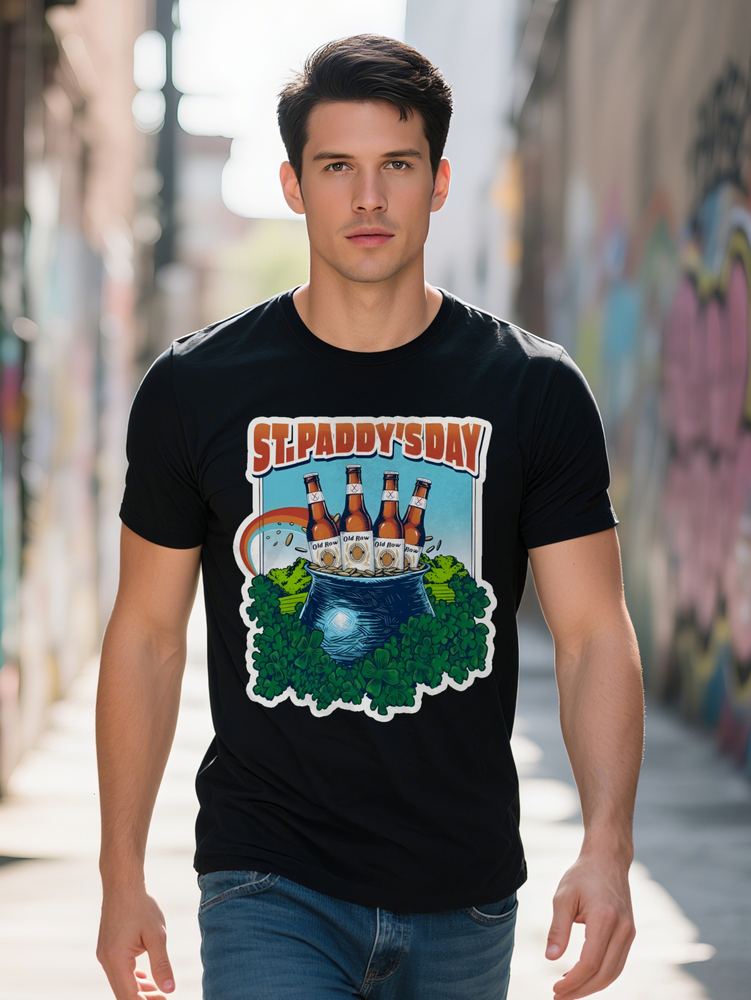 Men's St. Paddy's Day Old Row T-Shirt Black Casual Short Sleeve Round Neck with Rainbow Beer Bottles Clovers Fish