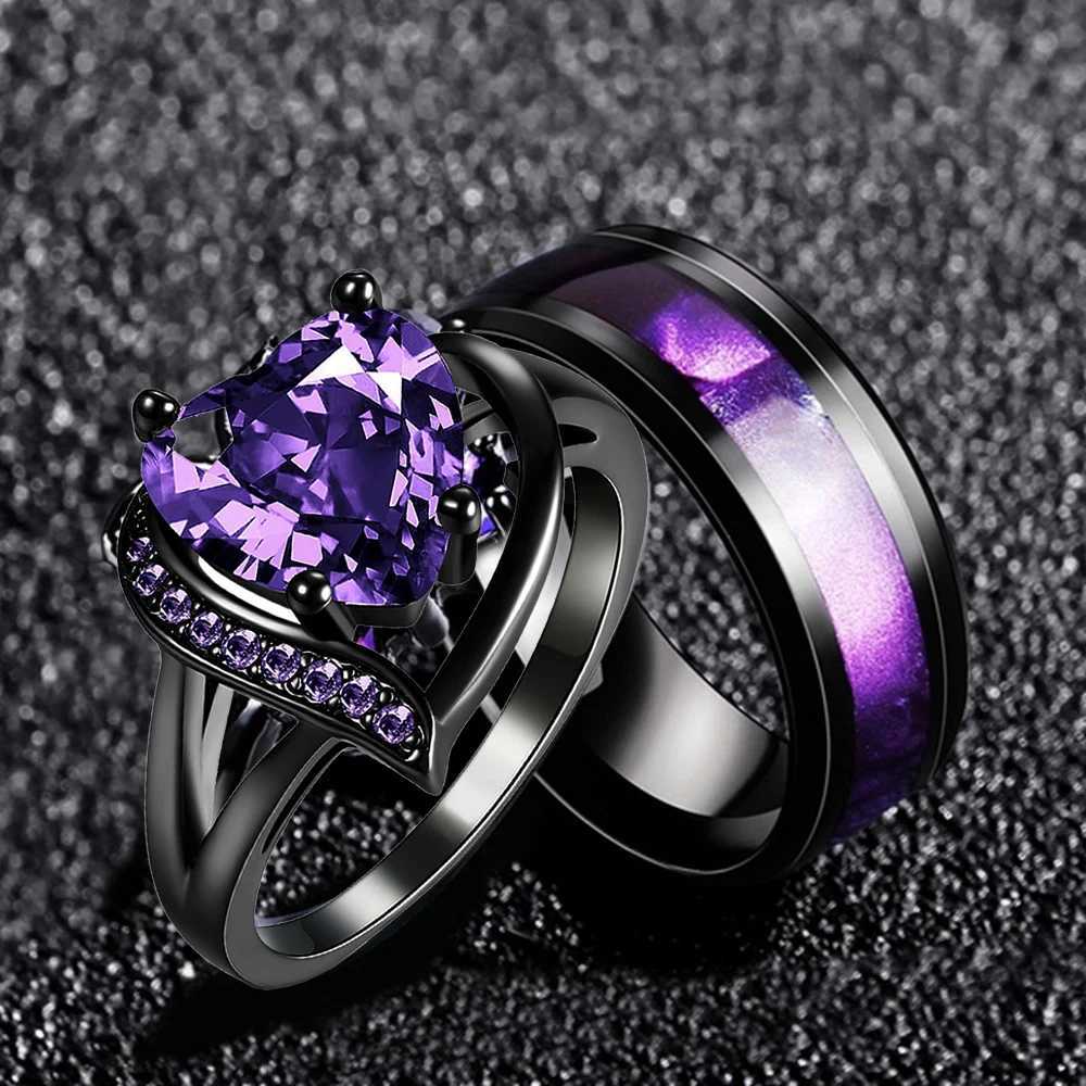 Fashion Couple Rings Romantic Women Heart Purple Rhinestones Zircon Ring Trendy Men Stainless Steel Rings Wedding Band Jewelry W250812