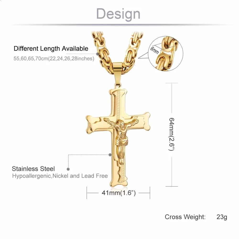 Gold Color Stainless Steel Jesus Cross Pendant Necklace 6mm Link Byzantine Chain Necklace Long Heavy Men Jewelry collares MN68 250807