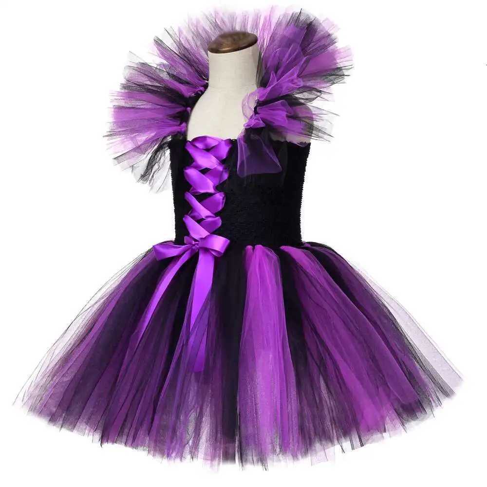 Black Purple Witch Costumes for Girls Halloween Lined Tutu Dress with Hat Broom Kids Carnival Party Witches Disguised Outfits G250812