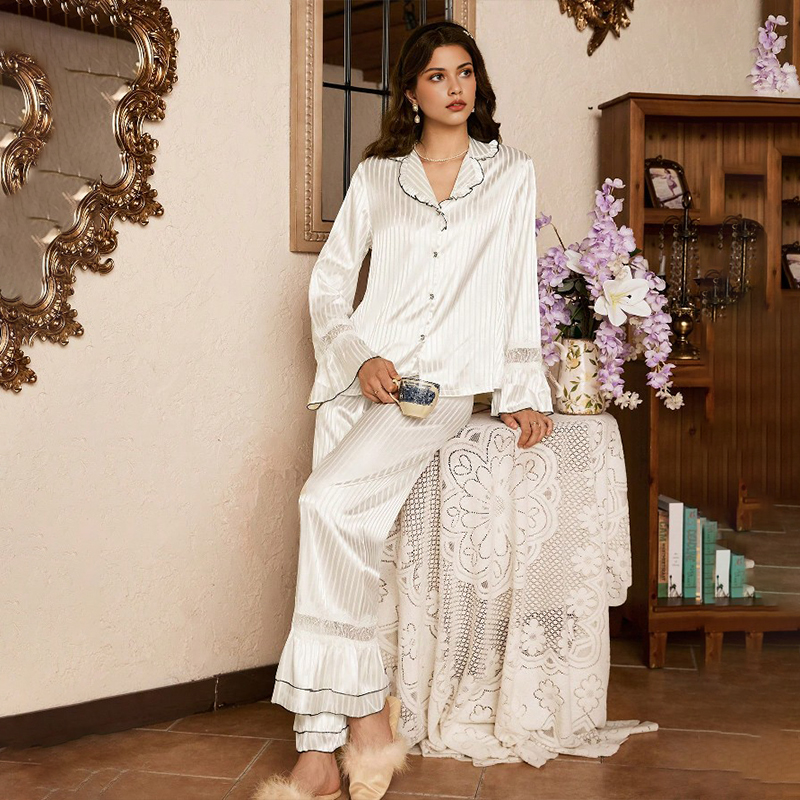 2025 New Women's Spring and Autumn Silk Color Dungaree Striped Lace Patchwork Long Sleeve Long Pants Pajama Set Homewear