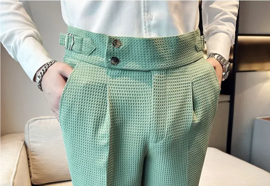 Top Brand Men Fashion Pantalones Hombre High Waist Waffle Business Casual Suit Pants Male Clothing Slim Fit Formal Wear Trousers