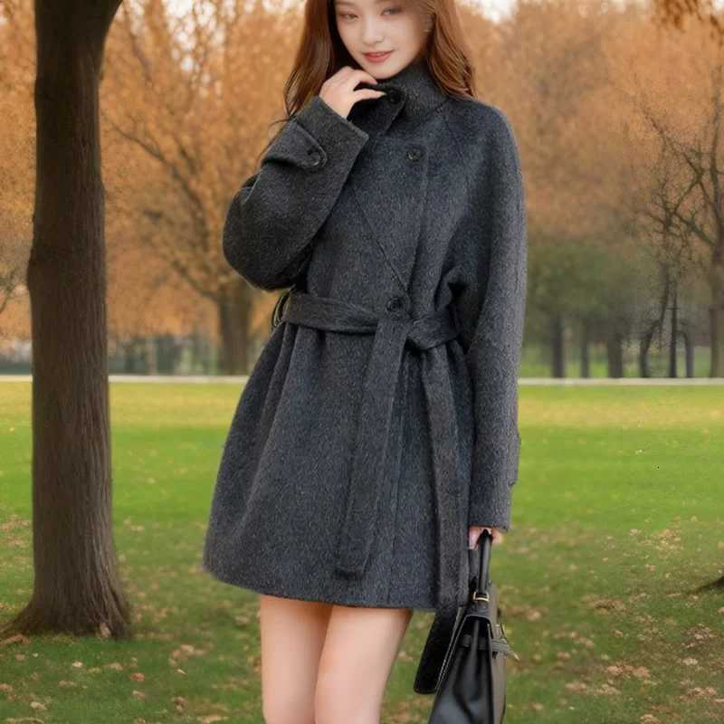 Stand Collar Tie Women Elegant Tweed Solid Slim Fashion Outerwear for Fall Winter Warm Classic Office Lady Korean Parka Coat Z250813
