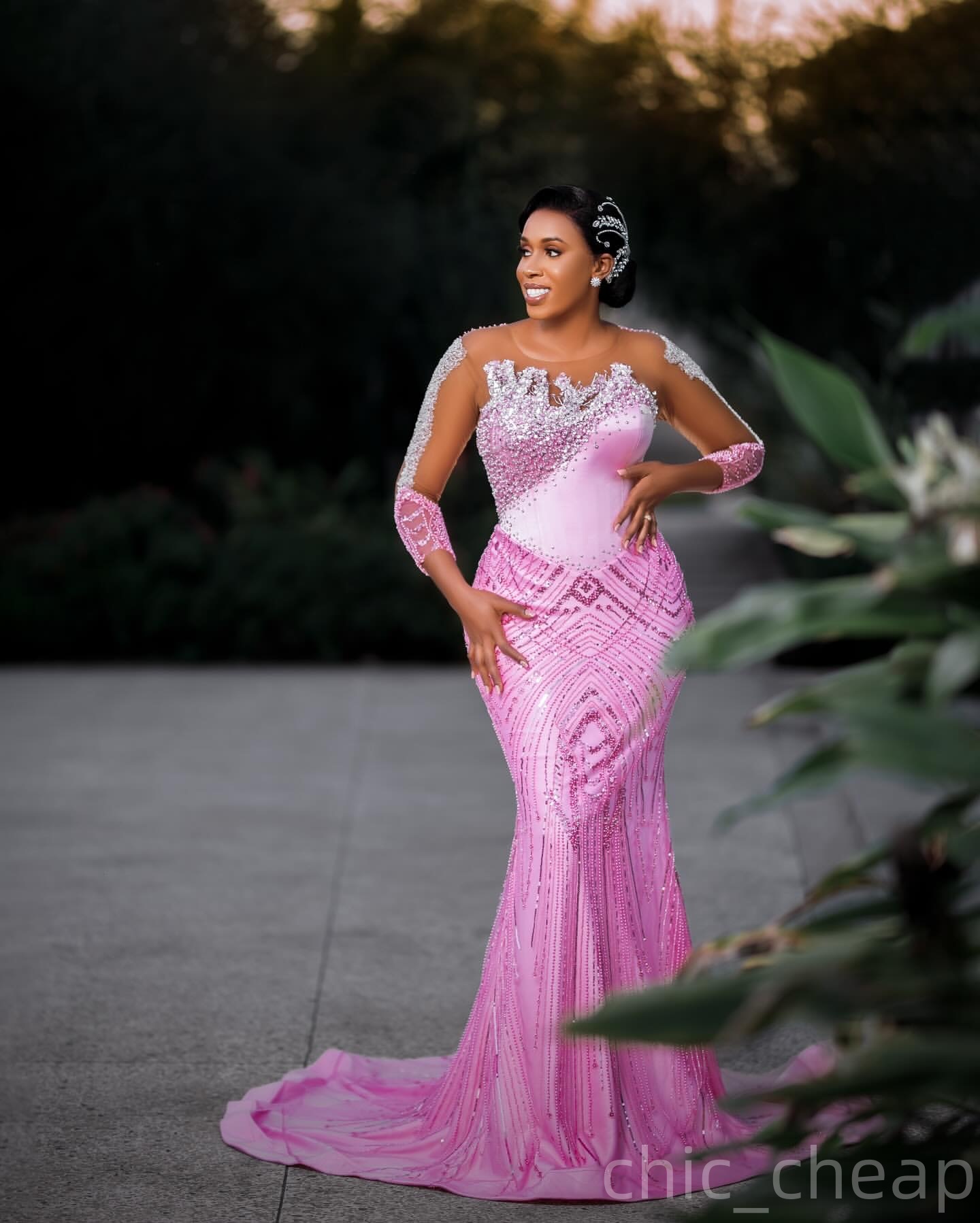 Mermaid Pink Prom Dresses 2025 Beaded Sequined Sheer Neck Stunning Evening Formal Party Second Birthday Engagement Gowns Plus Size Dress For Special O