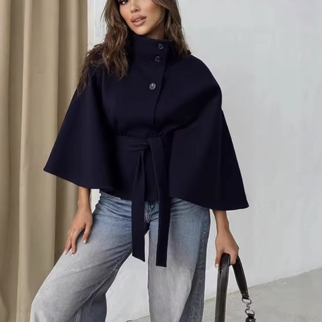Womens Fashion Casual Loose Stand Collar Bathrobe Style Coat with Belt Short Jacket 250813