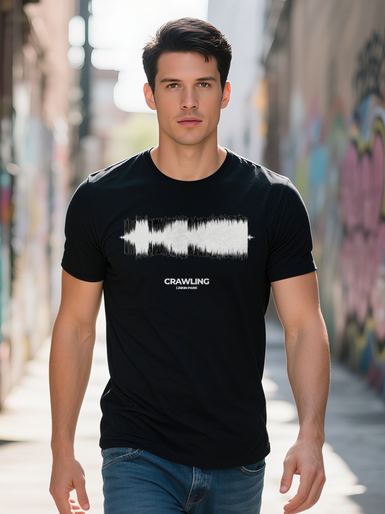Men S Casual Versatile Round Neck T-Shirt Featuring Black Background with White Audio Waveform Print Perfect as a Gift