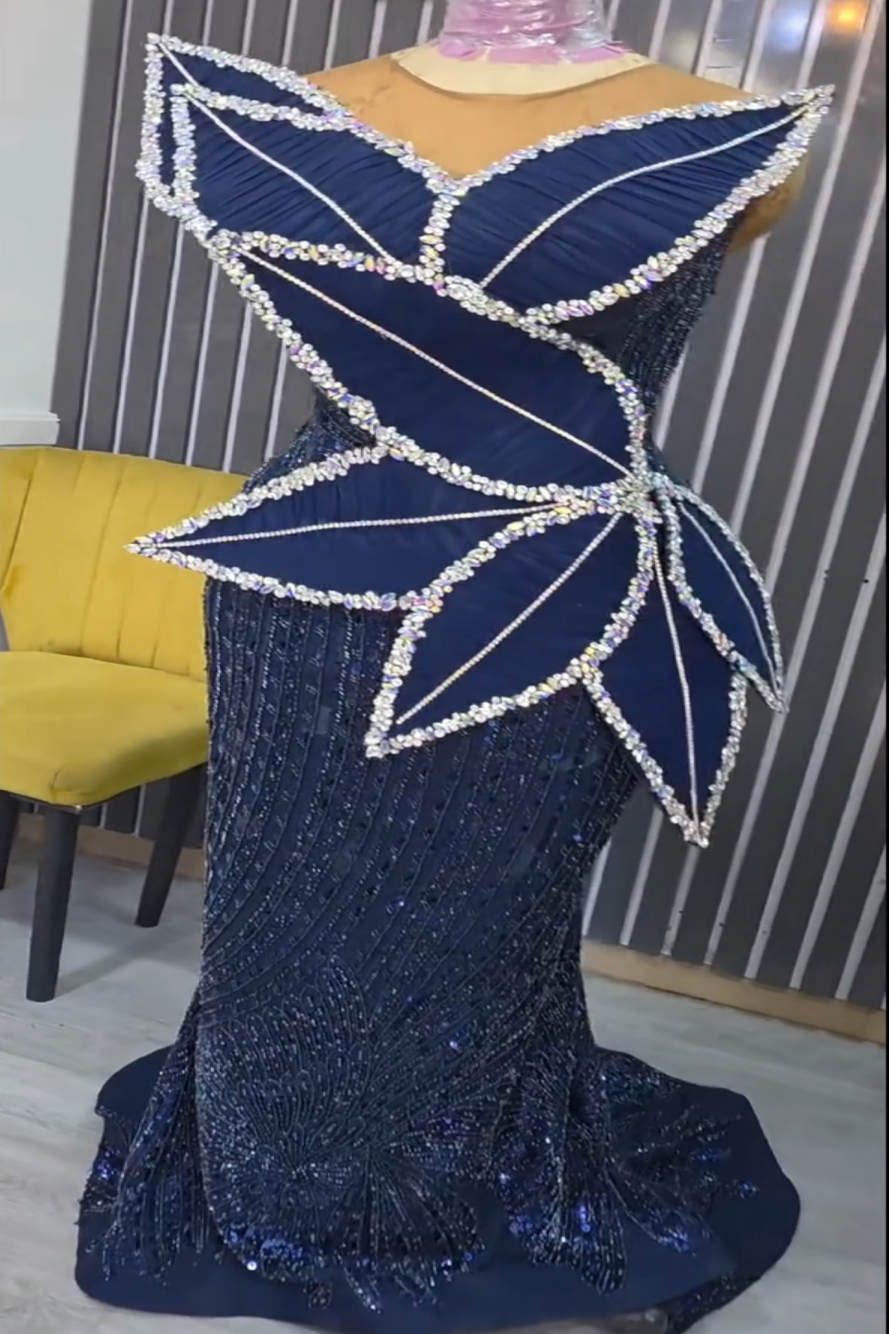 Mermaid Dark Navy Plus Size Prom Dresses 2025 Crystals Florals Sequined Evening Formal Party Second Birthday Engagement Gowns Dress For Special Occasi