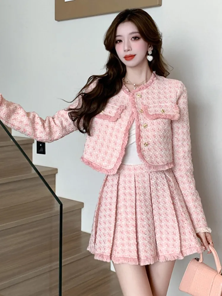 Two Piece Dress Korean Fashion Tweed 2 Set Women Outfits Autumn Winter Crop Top Jacket Coat Tassel Mini Pleated Skirt Suits Elegant 2025