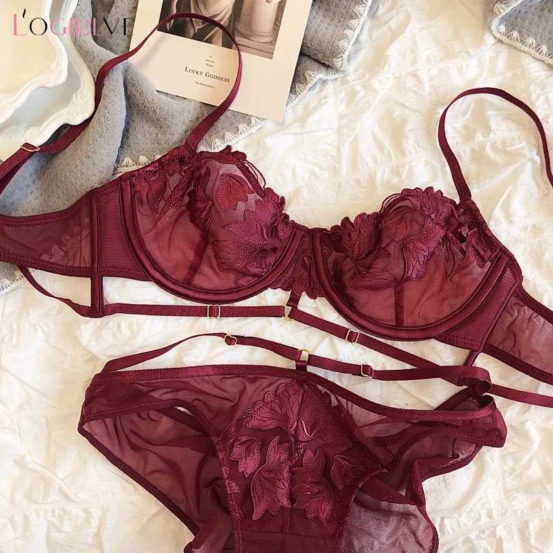 Logirlve Top Women Lace Underwear Set Embroidery Bra Set Ultrathin B C D Cup Brassiere Transparent Bra Push Up Sexy Lingerie setXJ250812