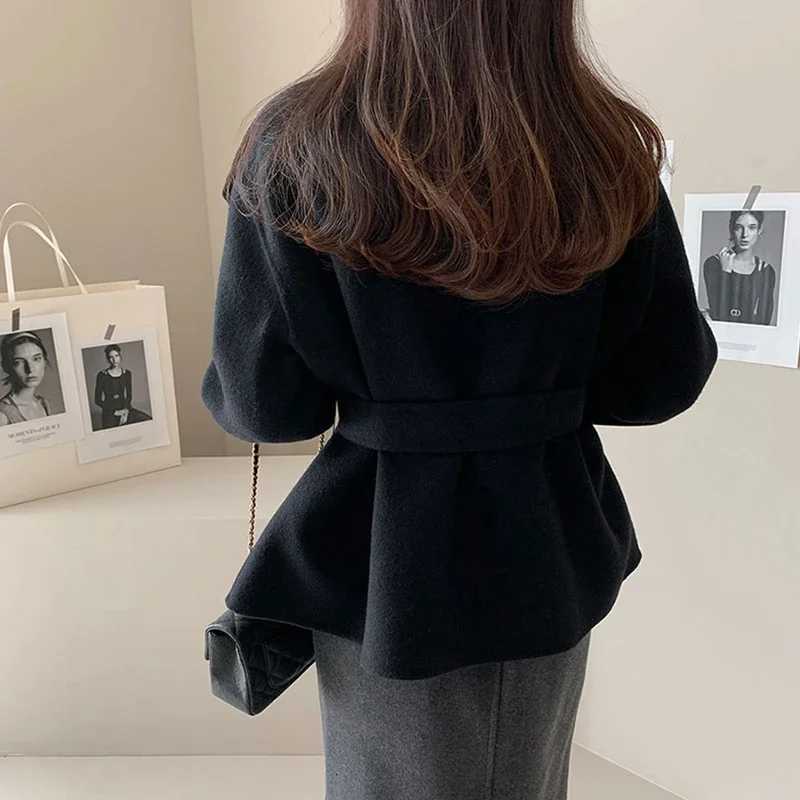 MEXZT Elegant Wool Blends Coats Women Black Bandage Woolen Jackets Winter Ladies Commute Outerwear Korean Fashion Overcoat New Z250813