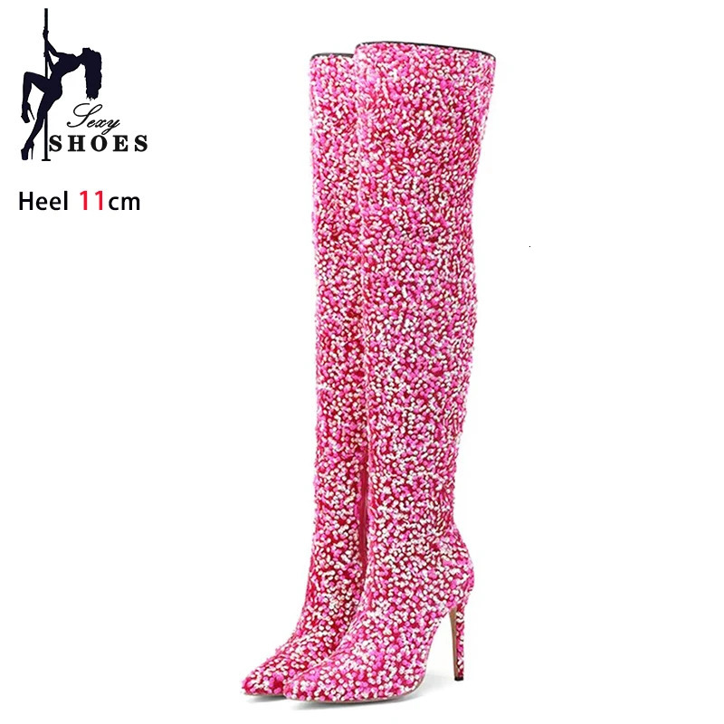 Shoes For Women Shiny Sequin Boots Over-the-Knee Boots Spring Autumn Zip Pointed Toe Zipper Stripper Heels Long Boots 250812