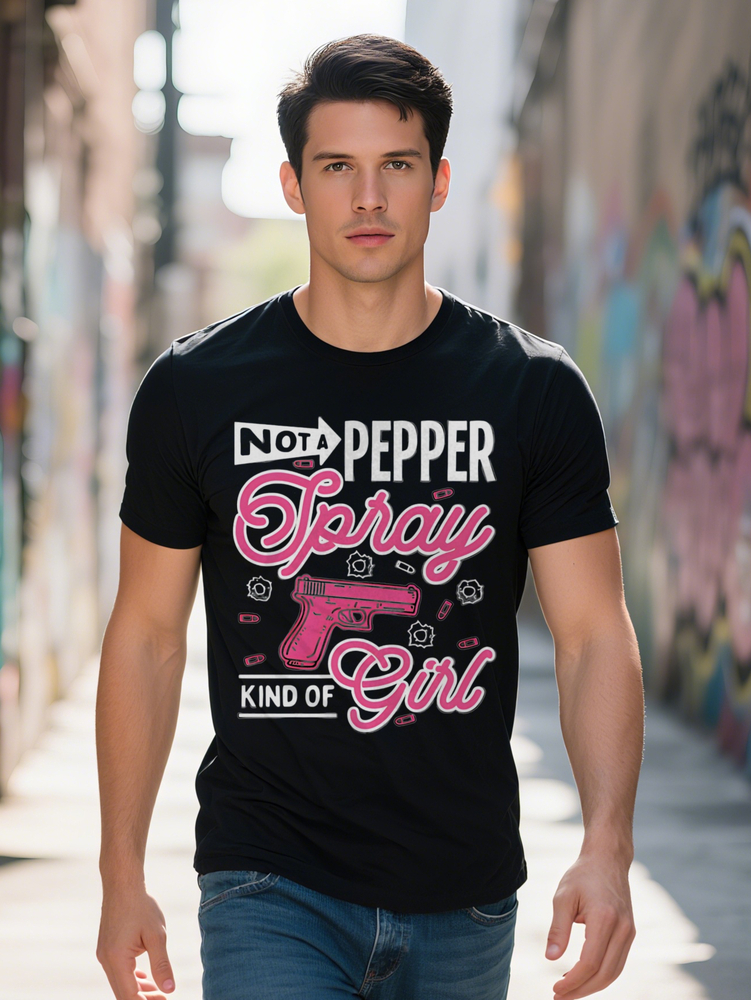 Casual Graphic T-Shirt Black with Pink NOT A PEPPER SPRAY KIND OF GIRL Slogan Handgun Print Lightweight gsm 84264