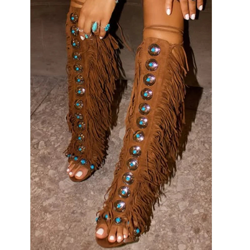 Brown Fringe Cross Straps Knee High Western Summer Boots Woman Summer 2025 Black Open Toe Stiletto Sandals Fashion Womans Shoes 250812