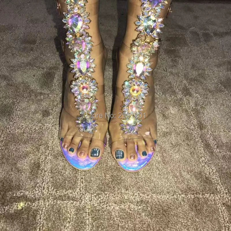 Sexy PVC Transparent Gladiator Sandal Boot Woman Open Toe T-strap Rhinestone Diamond Clear High Heel Shoes Women Purple Boots 250812