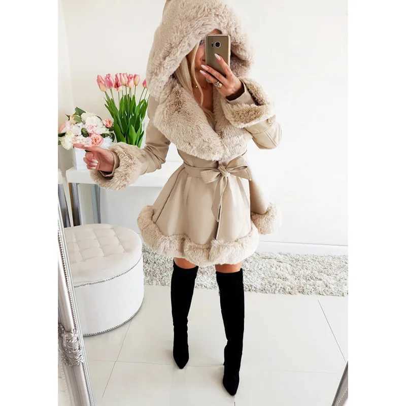 2025 British Imitation Fur Patchwork Jacket Womens Coat 2025 Winter Warmth Hooded Jacket Waist Cinching Trendy Coats Z250813