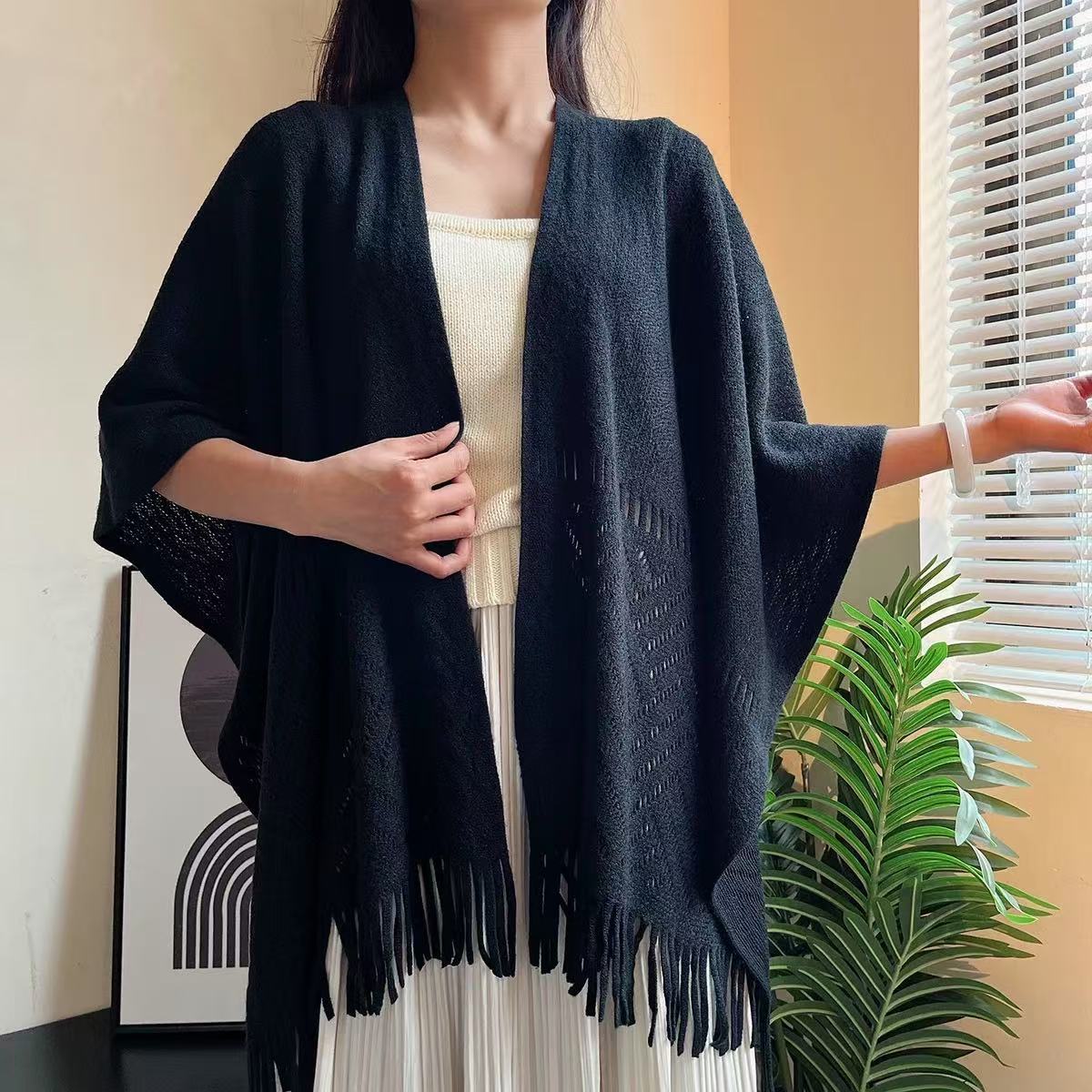 K1647 Summer air-conditioned room office knitted shawl women's outer wear hollow tassel fashionable cheongsam white cape cloak thin section