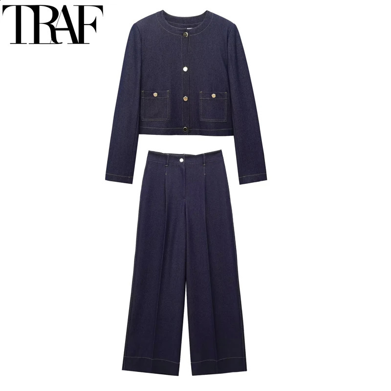 TRAF Pant Sets WomensTwo Pieces Set Cropped Bomber Wide Pants Denim Set Woman Casual 2 Piece Set Baggy Jeans Lady Sets 250806