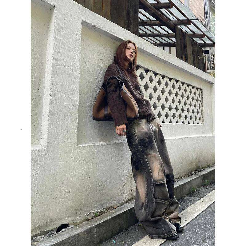 American Vintage Waist Printting Jeans Women Casual 2000S Washed Pants Baggy Y2k Wide Leg Grunge High Street Denim Trouser MDNG 20250811