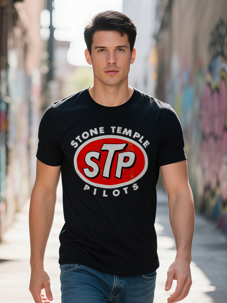 Men S Casual Crew Neck T-Shirt Black with Red White STP Stone Temple Pilots Text Breathable Summer Tee Ideal 7fe5e