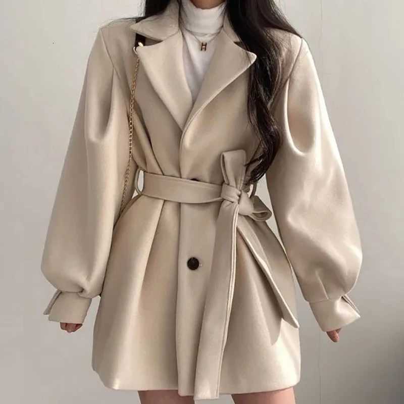 2023 EVNISI Autumn Winter Women Lace-up Trench Coat with Pockets Woolen Turn-down Collar Buttons Women Long Sleeve Coat Overcoat Z250813