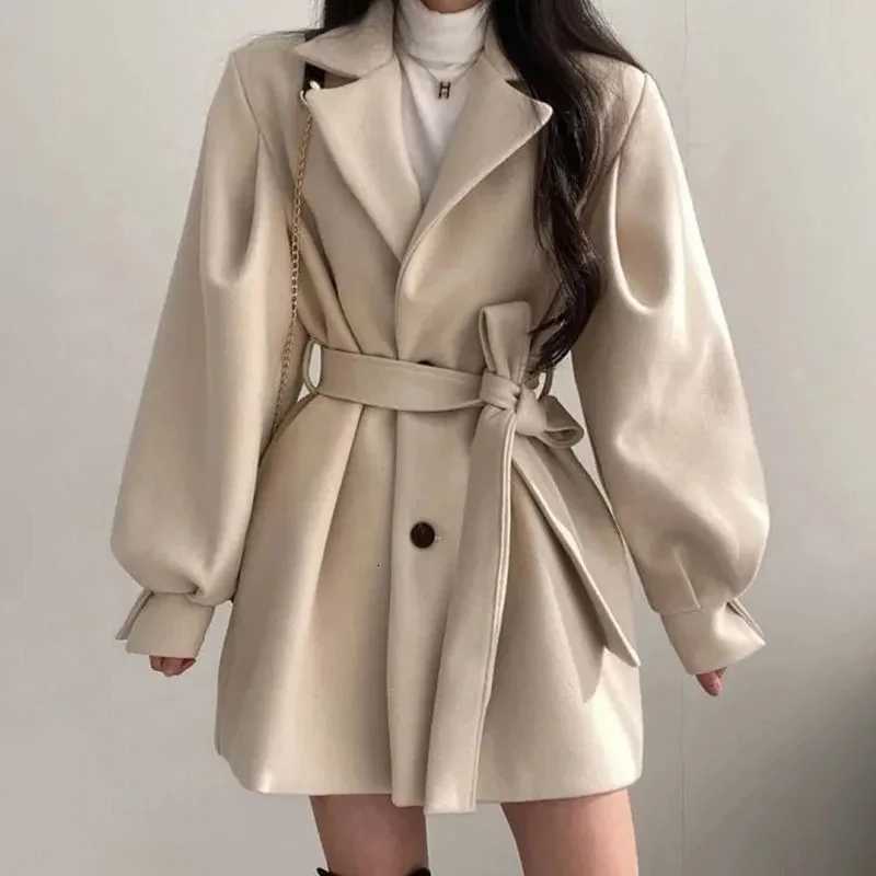 Fashion Women Woolen Coats Fall Winter Solid Loose Casual Office Lady Outerwear Elegant Aesthetic Korean Chic Lace Up Button Tops Z250813