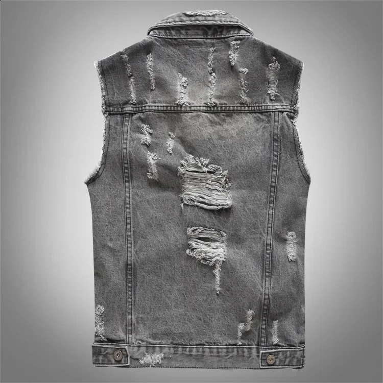 2025 Mens SpringSummer Autumn Ripped Denim Vest Youth Gray Motorcycle Casual Lapel Jacket 250805