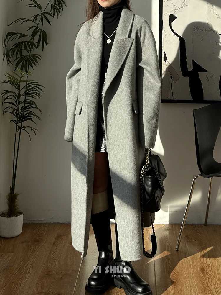 Korean Gray Double-sided Wool Cashmere Long Coat Suit Collar Lace Up Woolen Overcoat for Women in Winter and Autumn Z250813