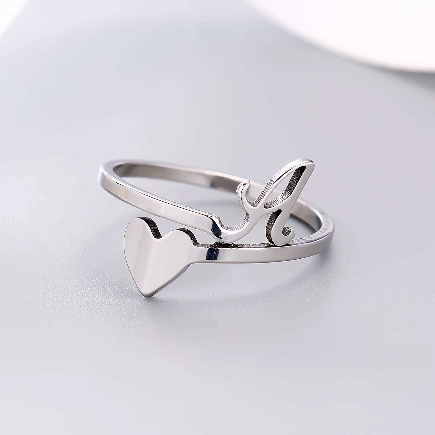 Fashion Silver Color 26 Letter Love Heart Rings Stainless Steel Open Ring for Women Men Couple Initial Name Finger Jewelry Gifts W250812