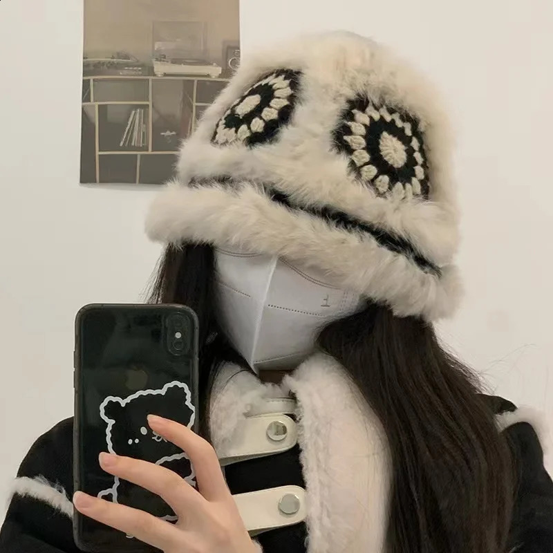 China-Chic Bucket Hats for Women Winter Warm Cute Plush Cap Big Head Casual Rabbit Fur Hat Knitted Fishermans Caps 250808