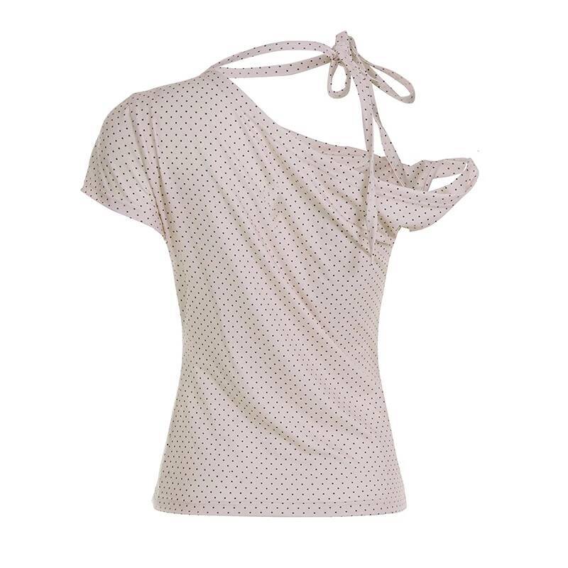 2025 design Fashion Polka Dot Printed Slim Fold Women's T-shirt Sweet, Cute and Unique Design Single Shoulder Summer Shirt Designer Top