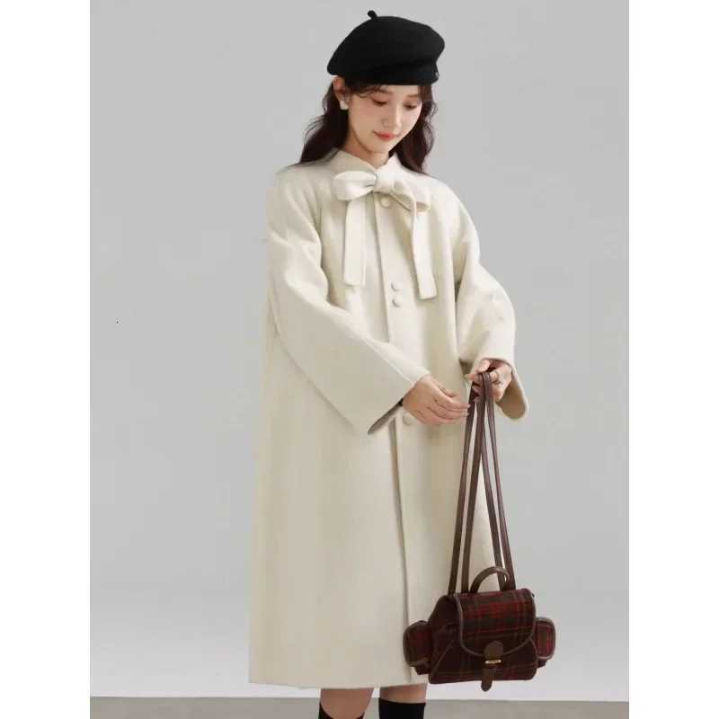 Vintage Bow Knot Double-Faced Wool Coat Women Casual Elegant Long Sleeve Overcoat Cozy and Warm Outerwear for Autumn and Winter Z250813