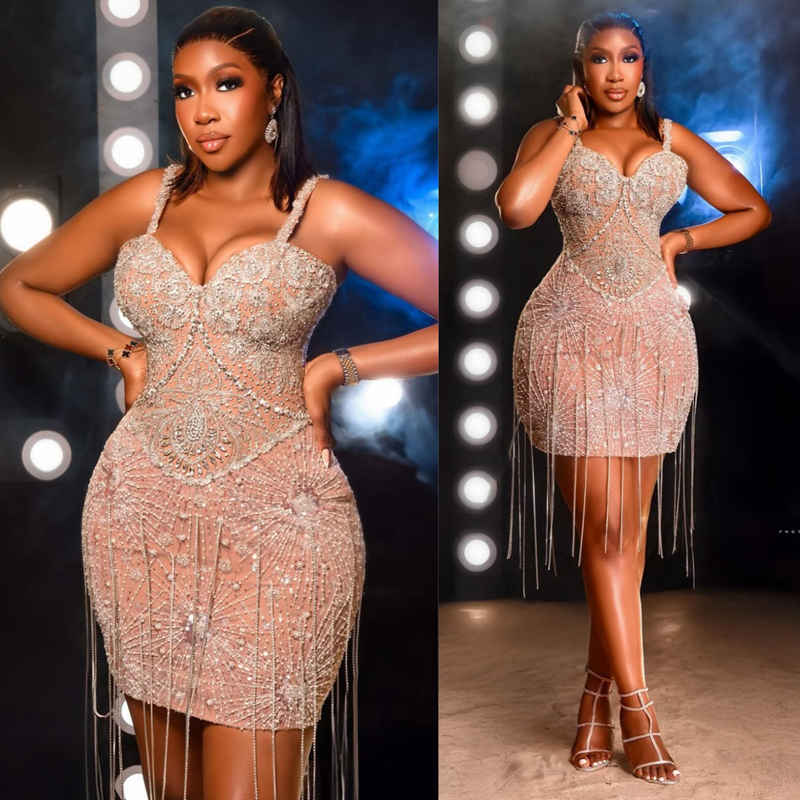 2025 Plus Size Cocktail Dresses For Women Short Mini Dress Spaghetti Straps Rhinestones Tassel Beaded Lace Homecoming Dresses Mini Gown For Nigeria Bl