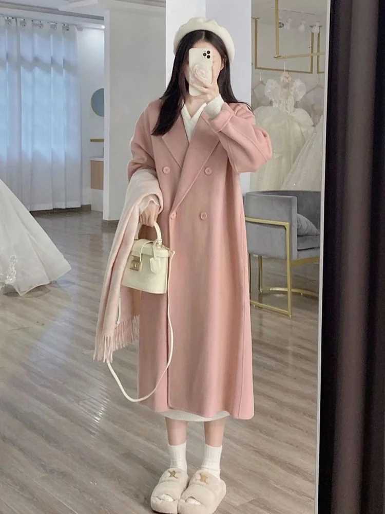 Warm Mid Length Loose Wool Blend Coat Korean Women New Unlined Overcoat Fall Winter Solid Double Breasted Parka Jacket Z250813