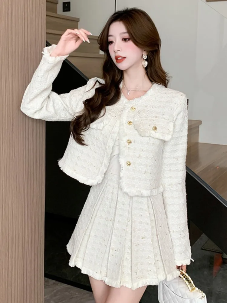Two Piece Dress Korean Fashion Tweed 2 Set Women Outfits Autumn Winter Crop Top Jacket Coat Tassel Mini Pleated Skirt Suits Elegant 2025