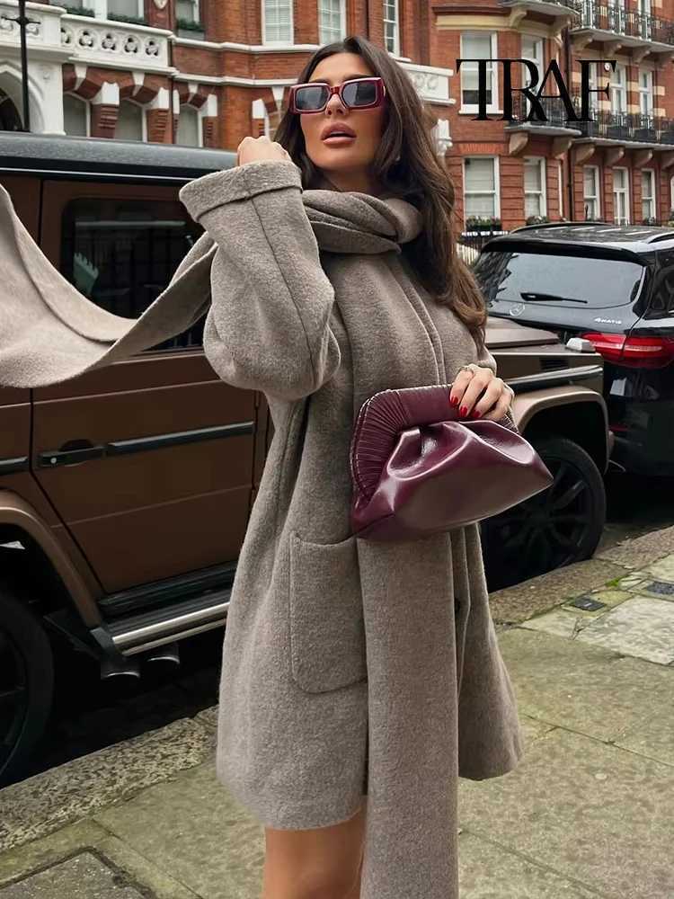 TRAF Womens Fashion Knit Jacket with Scarf Warm Cardigan Single Breasted Coat Casual Solid Color Pocket High Street Outerwear Z250813