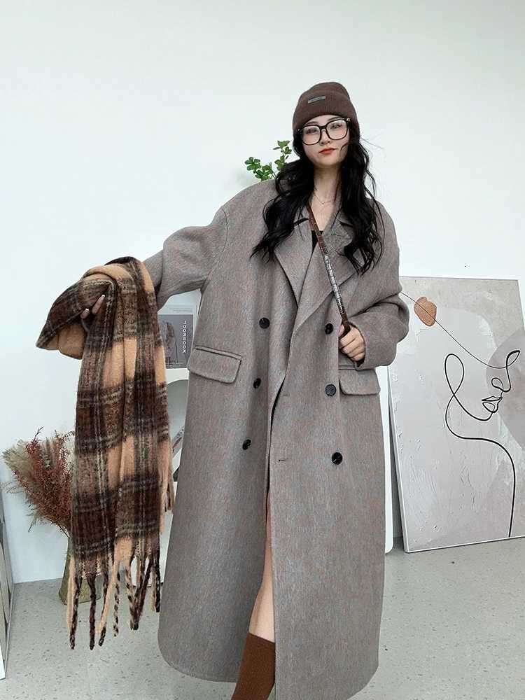 New Designer Korean Style Double-sided Cashmere Coat Coat Double Breasted Mulberry Silk Women Woolen Coat Flower Blue Z250813