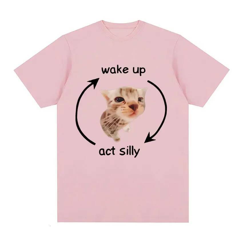 2025 Summer design New Women's Tank Top Wake Up Act Meme Pattern T-shirt Fun and Cute Cat Printed Short Sleeve T-shirt Men's and Women'
