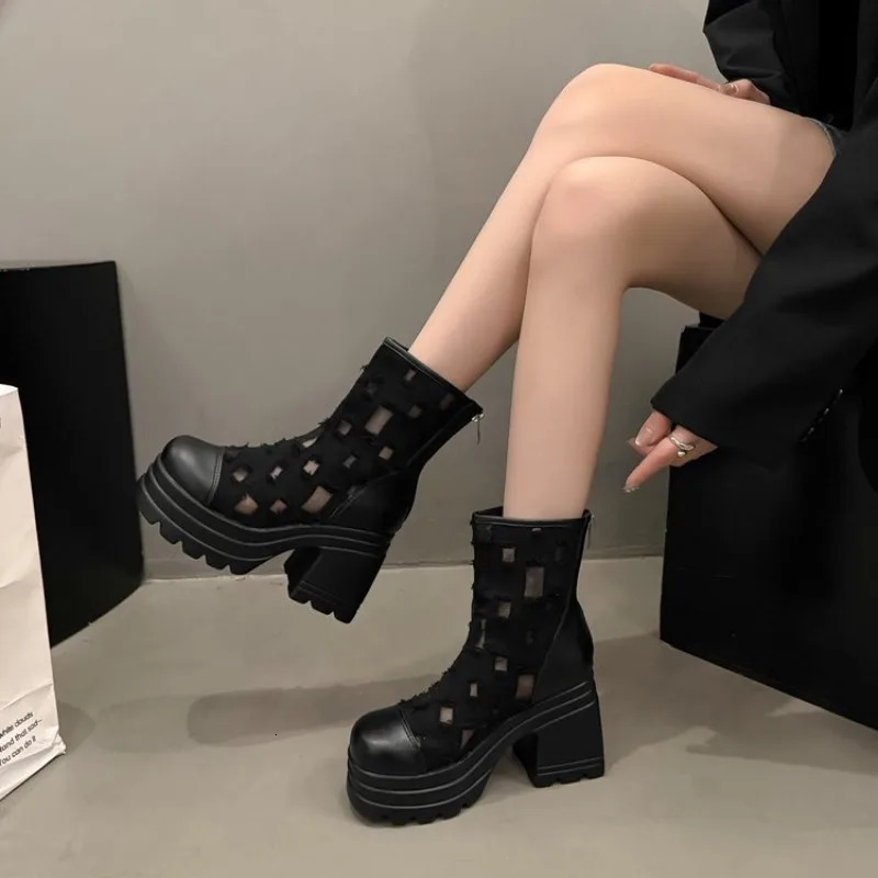 Middle Heel Zip Mesh Fabric Long Sleeved Womens Boots Shoes for Women 2025 Fashion Summer Breathable Mature Womens Boots 250812