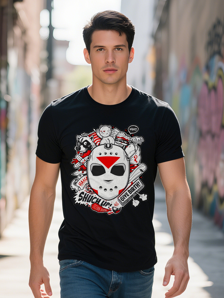 Men S Casual Crew Neck T-Shirt with Mask SHUCKUP Design Red White Perfect for Sports Fans Everyday Tshirt Sporty