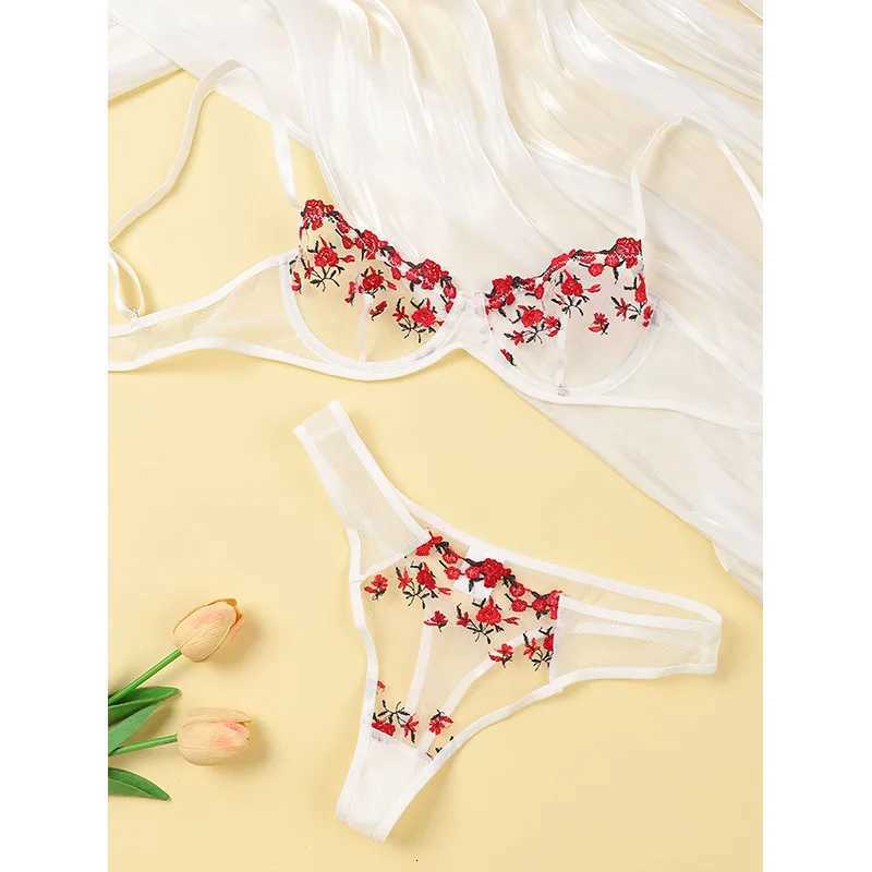 Bras Sets Embroidery Mesh Transparent Sexy Lingerie Set Semi-Sheer Floral Sweet Ultra-thin Bra And Panties Fancy Underwear SuitXJ250812