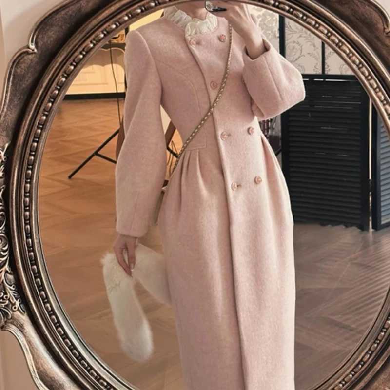 French Style Women High Waisted Slim Lace Patchwork Wool Long Coat Sweet Ladies Wool Coats Z250813