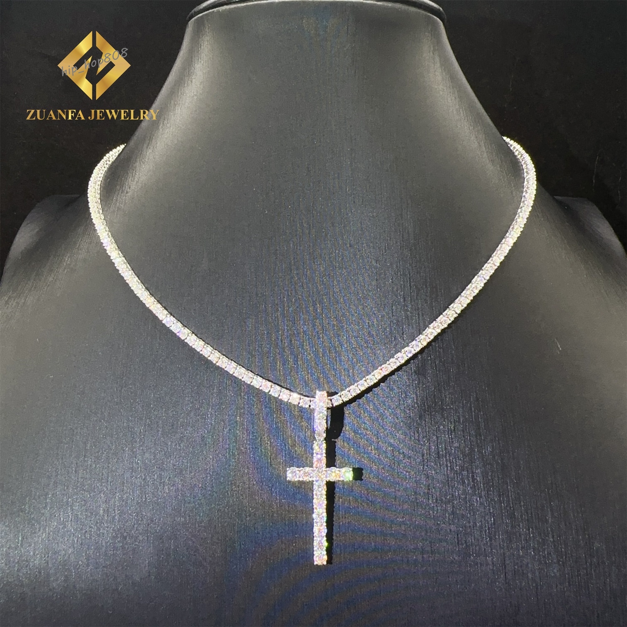 Popular Pass Tester Hip Hop Luxury Iced Out Fire Jewelry 10k Real Gold VVS1Moissanite Diamond Cross Pendant Necklace Set