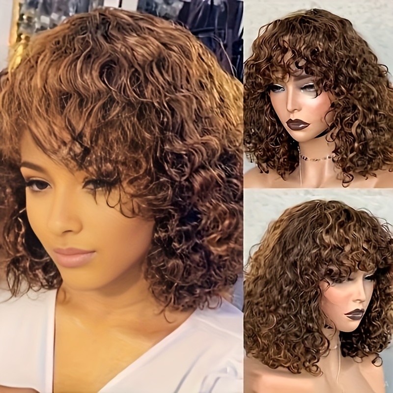 Real Super Double Drawn Short Wigs Glueless Ombre Brown Highlight 4/30 Color Curly Bob Human Hair Wigs with Bangs with Bangs Human Hair None Lace Wigs