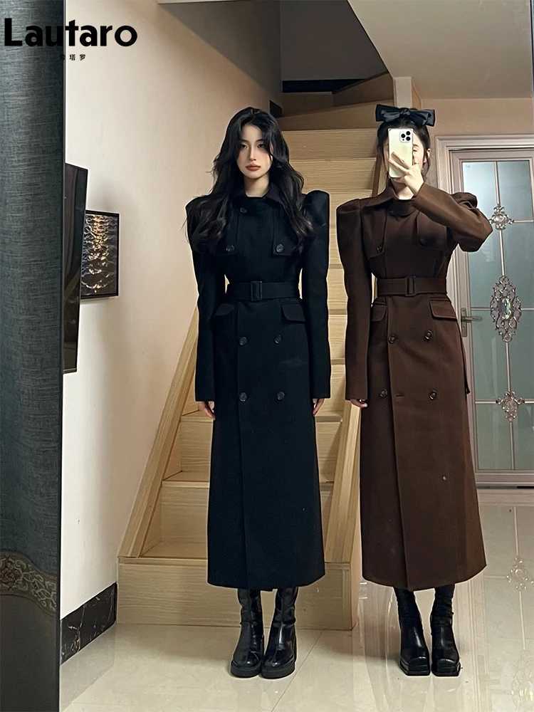 Lautaro Autumn Winter Extra Long Black Elegant Fitted Woolen Coat Women Puff Sleeve Belt Designer Clothes 2023 Z250813