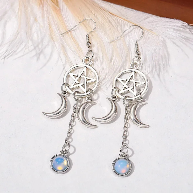 Gothic Pentagram Crescent Purple Crystal Earrings for Women Fashion Multicolour Moonstone Jewelry Party Accessories Gifts 250812