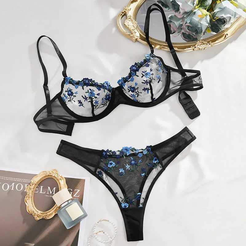 Bras Sets Embroidery Mesh Transparent Sexy Lingerie Set Semi-Sheer Floral Sweet Ultra-thin Bra And Panties Fancy Underwear SuitXJ250812