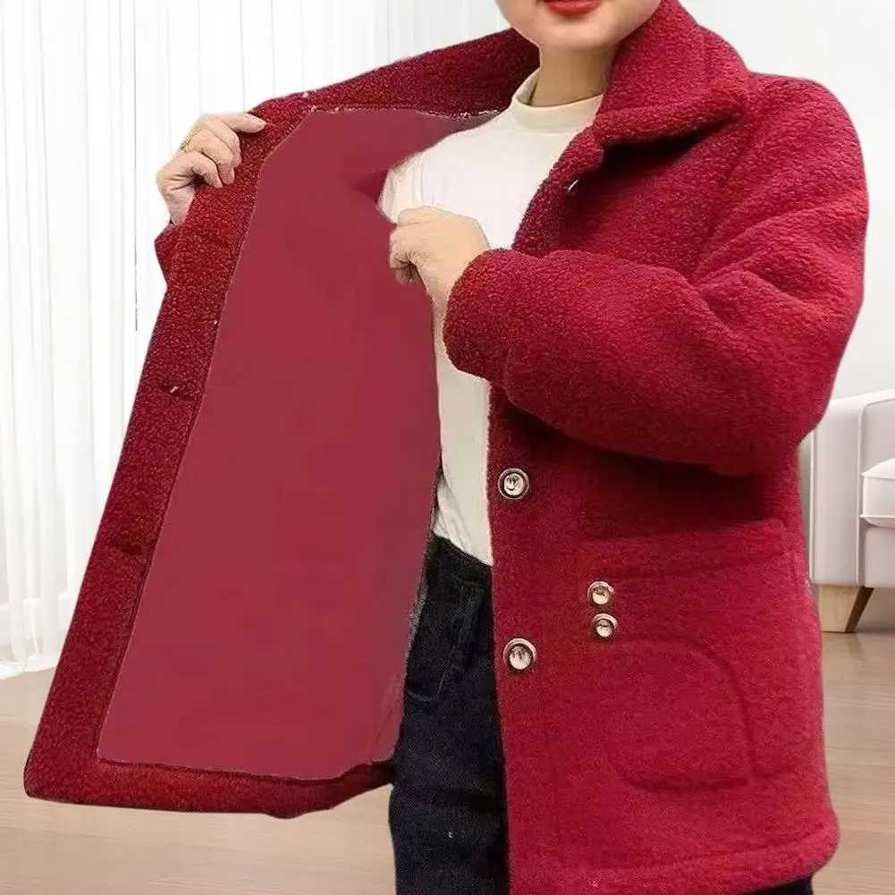 Winter Fleece Coat Single-breasted With Side Pockets Turn-down Collar Coat Coldproof Solid Color Long Sleeves Outwear Jacket Z250813