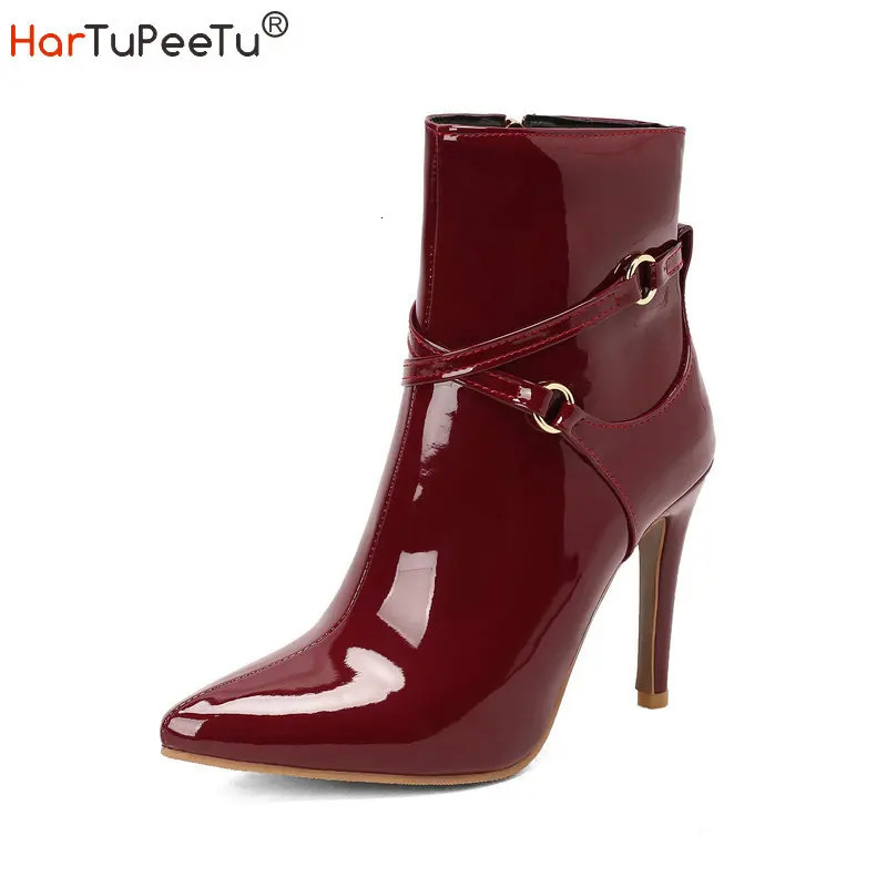 Winter High Heels Boots Women Ankle Glossy Patent Leather Stilettos Pointed Toe Cross Bandage Zip Plus Size 34-50 Shoes 250812