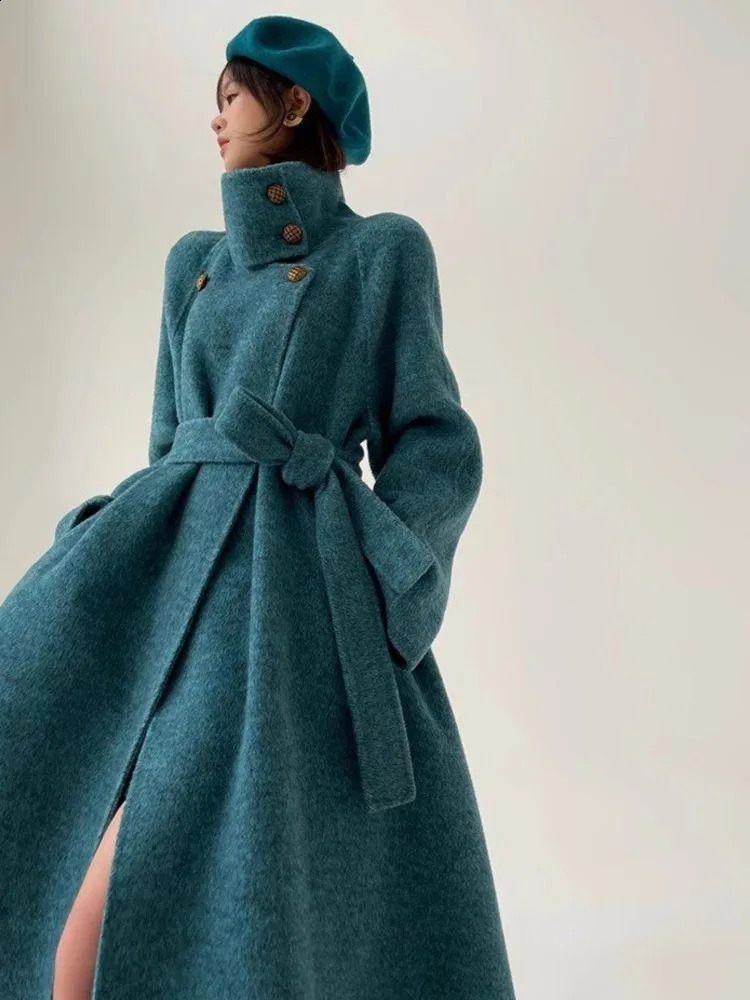 High-end Stand Collar Blue Woolen Overcoat for Women Elegant Long Jacket with Belt Female Temperament Fashion Streetwears 250805